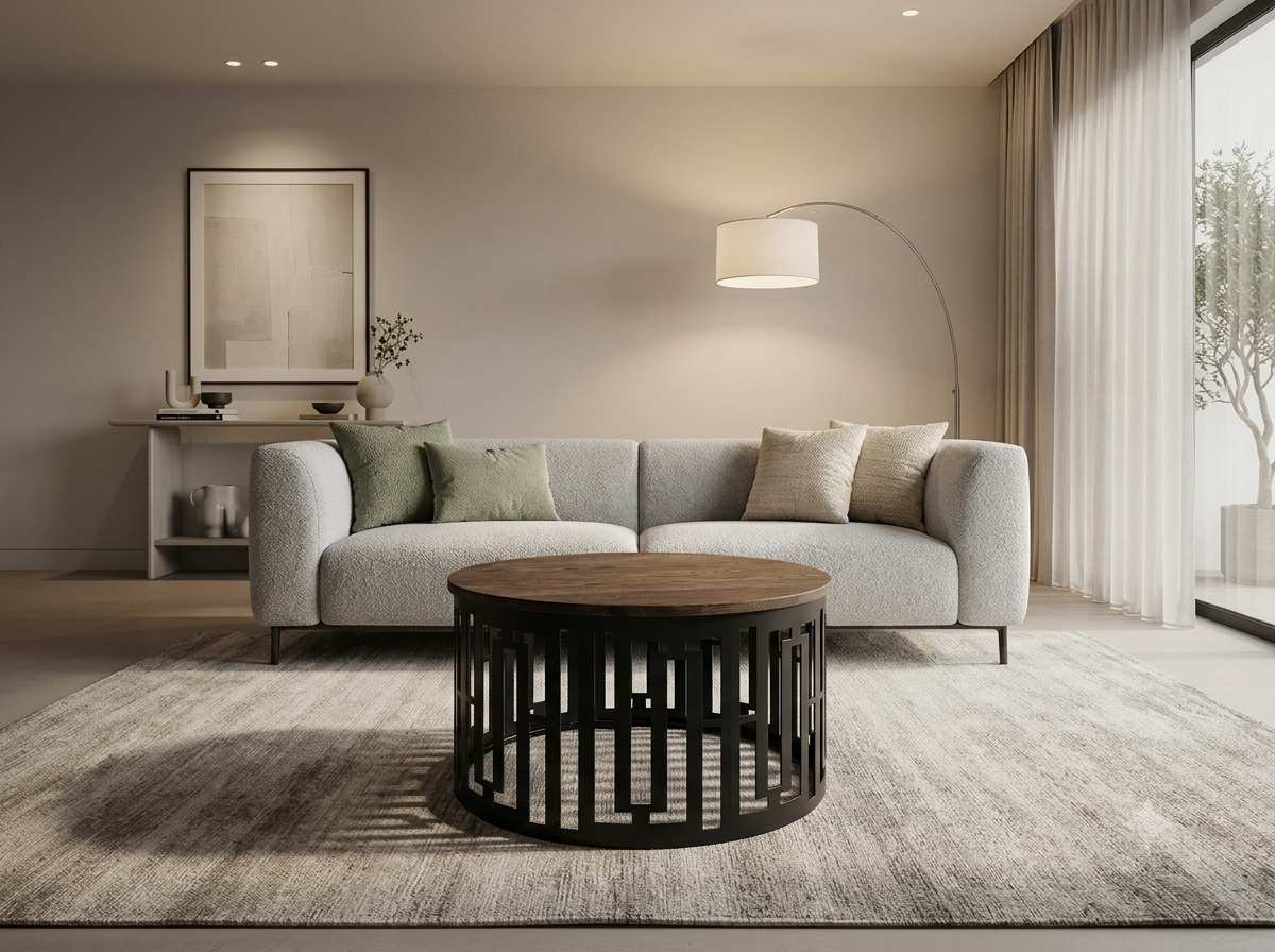 Coffee table round laser cut out oak top