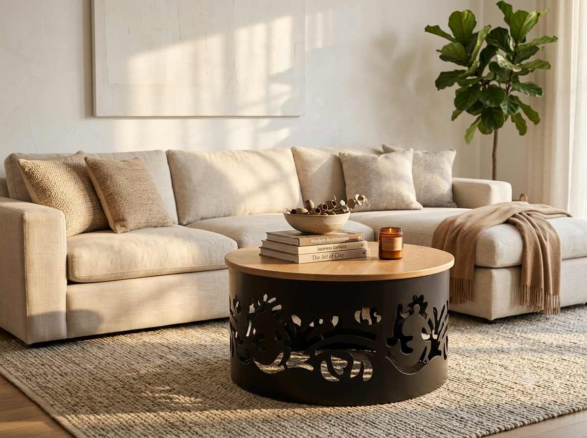 Coffee table with metal and oak top laser cut decorative leaves