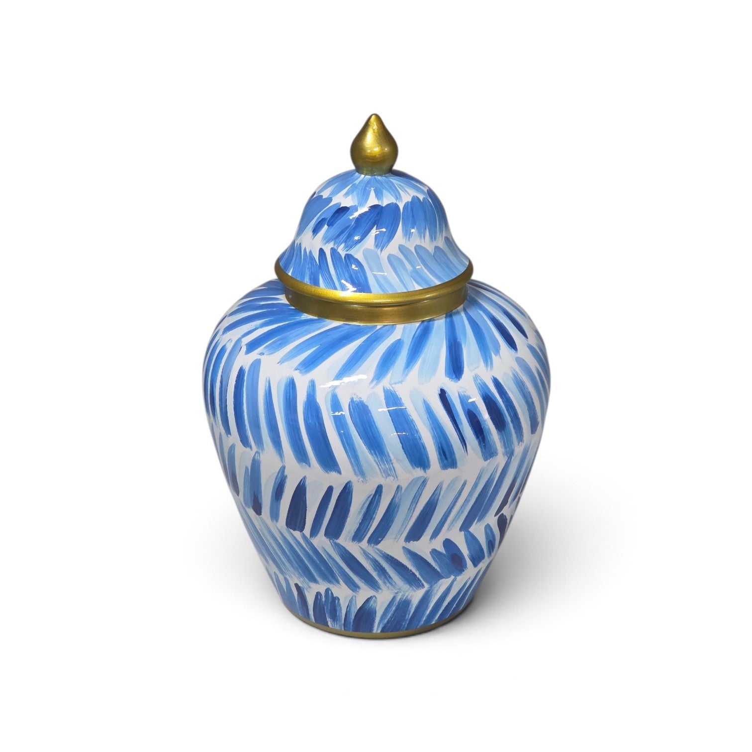 A ceramic lidded storage jar with a blue and white leaf pattern and gold trim, set against a plain white background.