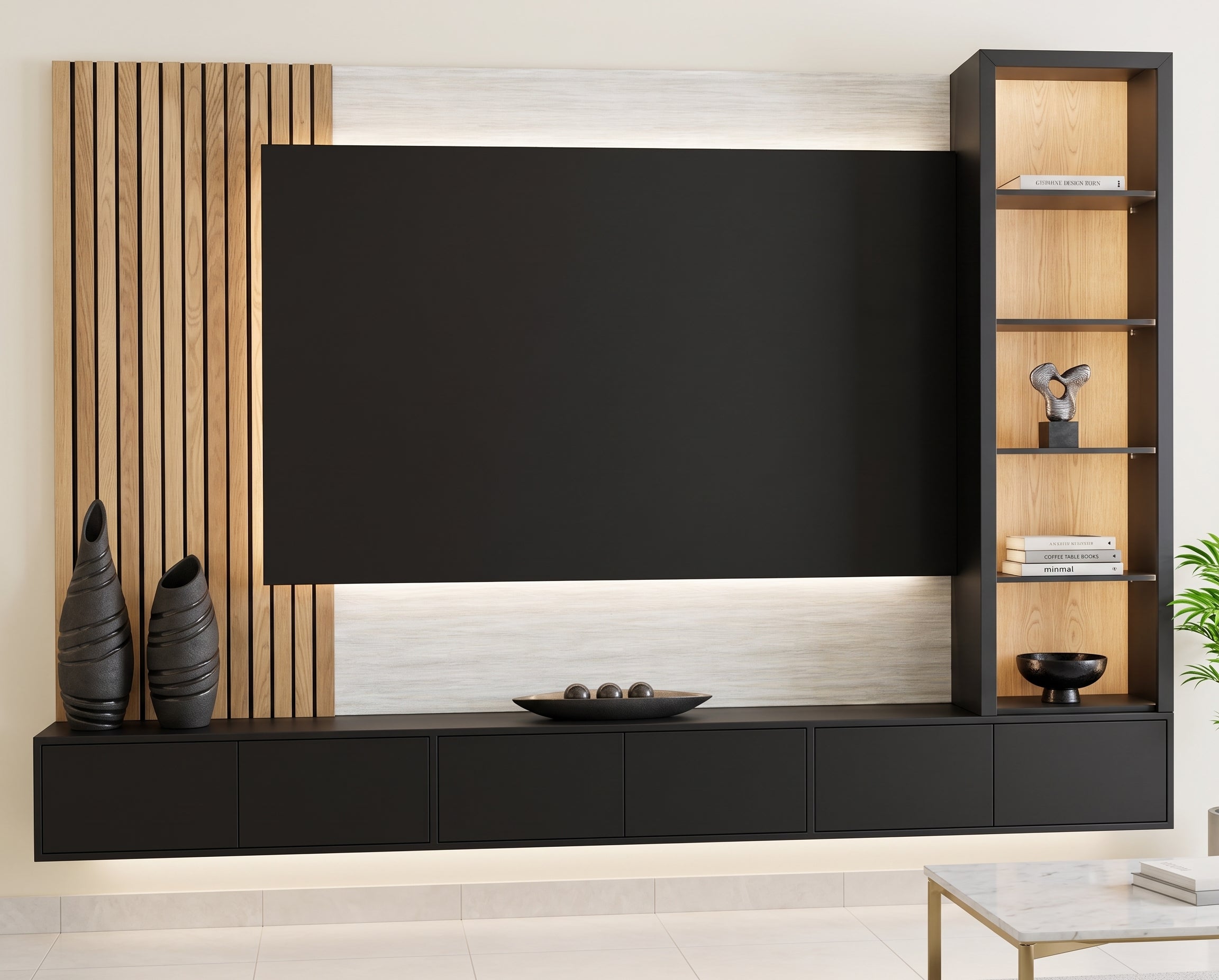 The eclipse slatted floating media wall
